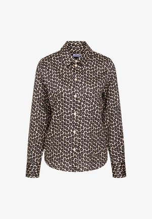 Chemise à boutons noire et beige avec un motif floral, manches longues et col classique. Conçue en tissu léger.