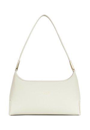 Sac à bandoulière en cuir couleur crème avec une fine sangle et un logo discret doré de la marque centré à l'avant.