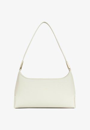 Sac à bandoulière en cuir couleur crème avec une fine sangle et un logo discret doré de la marque centré à l'avant.