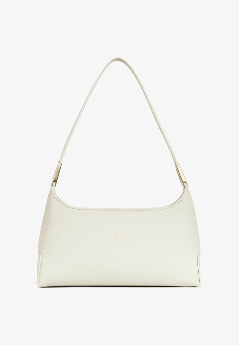 Sac à bandoulière en cuir couleur crème avec une fine sangle et un logo discret doré de la marque centré à l'avant.
