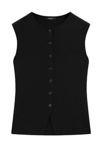 Black sleeveless top in knit fabric, featuring a round neckline, front button closure with six black buttons, and a slight vent at the bottom.