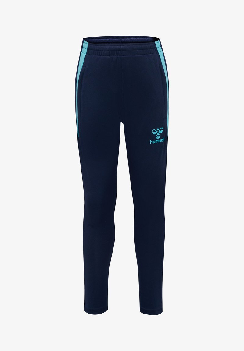 Pantalon de sport bleu marine avec des bandes latérales bleu clair, taille élastique, poches avant et un logo Hummel bleu clair sur la cuisse.