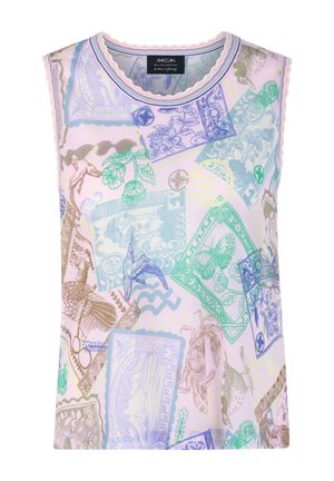 Sleeveless pastel top with multicolored vintage stamp prints featuring birds, flowers, butterflies, and crabs, with a scalloped neckline.