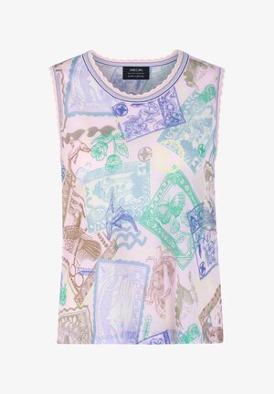 Sleeveless pastel top with multicolored vintage stamp prints featuring birds, flowers, butterflies, and crabs, with a scalloped neckline.