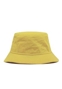 Gelbe Baumwoll-Bucket-Hat mit breiter Krempe, glatter Textur und gesticktem Detail entlang des Randes. Keine sichtbaren Muster oder Verzierungen.