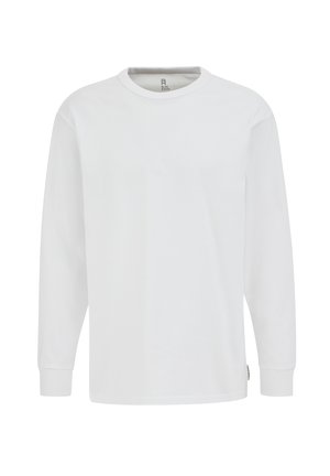 Bijela majica s dugim rukavima i okruglim izrezom, izrađena od glatkog pamučnog materijala. Ima rebraste manžete i mali oznaku marke na rubu.