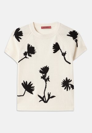 Kortermet kremfarget genser med svart blomsterbroderi. Rund hals og ribbestrikket kant. Myk tekstur med løs passform.