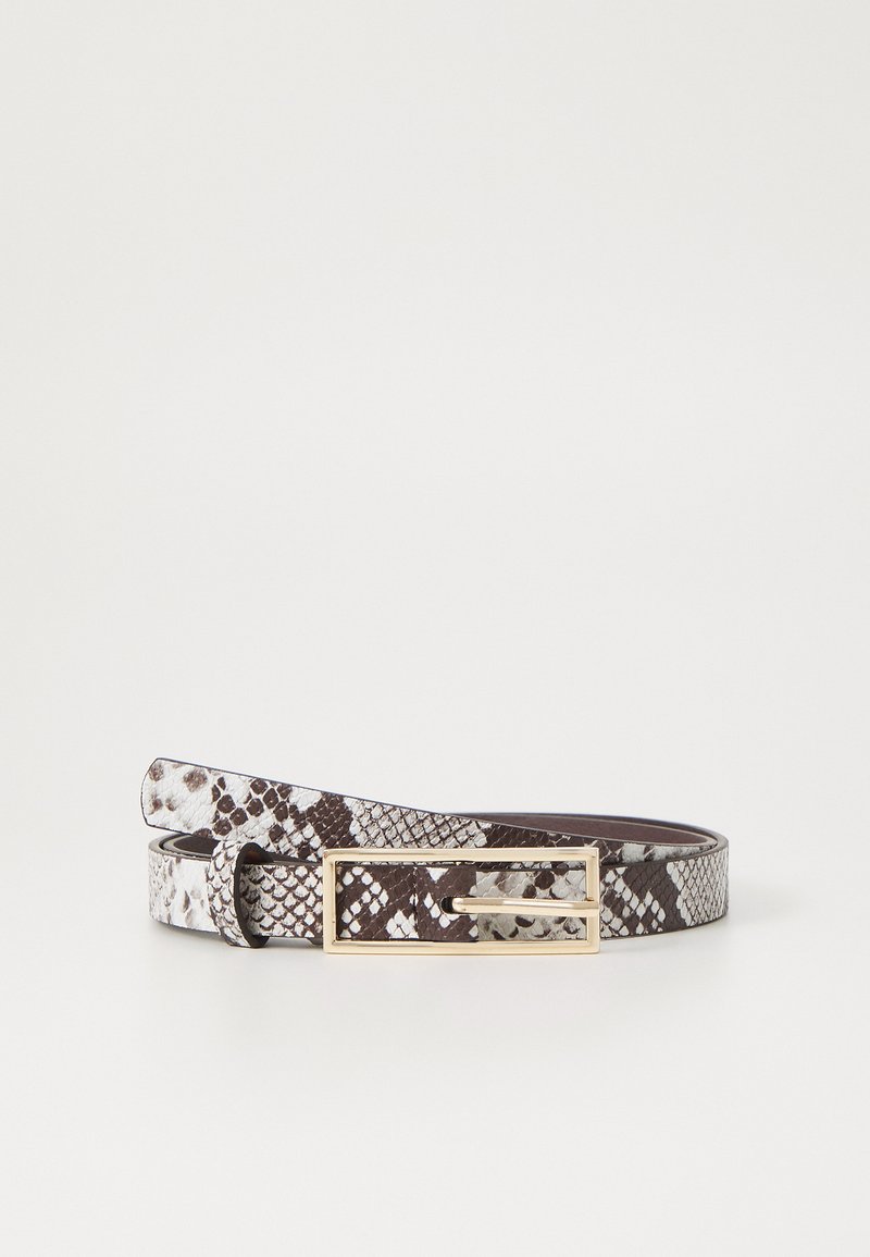 Snakeskin-patterned belt in white and brown, featuring a rectangular gold-tone buckle and smooth texture.  Adjustable length design.