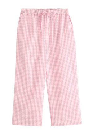 Różowe i białe luźne spodnie w kratę o elastycznej talii i sznurku z przodu, szerokie nogawki oraz fakturowany materiał.