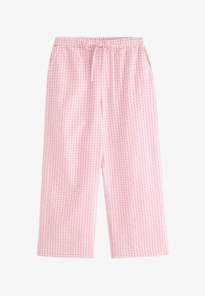 Lyserøde og hvide gingham bukser med løse ben, elastisk talje og snøre foran, brede ben og struktureret stof.