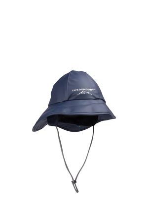 Marineblauer breitkrempiger Bucket Hat mit Kinnriemen und „Swedemount“-Logo mit Berggrafik vorne.