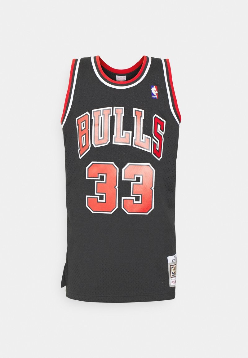 Maillot de basket noir des Chicago Bulls avec bordures rouges et blanches, numéro 33 et logo NBA à l'avant.