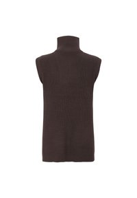 Brauner, gerippter, ärmelloser Rollkragenpullover mit hohem Kragen und strukturiertem Strickdesign, ideal zum Schichten.