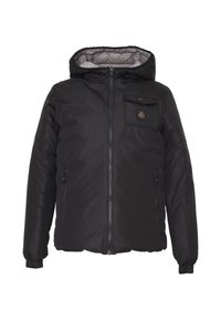 Giacca a vento nera con cappuccio, zip frontale, polsini elasticizzati e tasca sul petto. Texture esterna liscia con fodera grigia a contrasto.