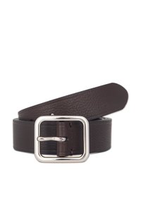 Ceinture en cuir marron avec une finition texturée, dotée d'une boucle rectangulaire en métal argenté et d'une lanière lisse. Design élégant et minimaliste.