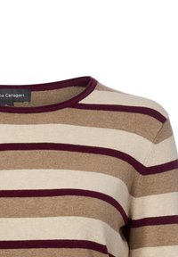 Pullover mit horizontalen Streifen in Beige, Braun und Dunkelrot, mit rundem Ausschnitt und sichtbarem Markenetikett im Krageninnenteil.