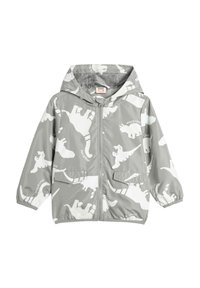 Grijze kinder regenjas met capuchon, voorzien van witte dinosaurussen prints en een ritssluiting aan de voorkant, met elastische manchetten en twee klepzakken.