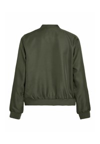 Giacca bomber verde oliva realizzata in tessuto morbido, con colletto e orlo a costine, maniche lunghe e un design semplice e lineare.