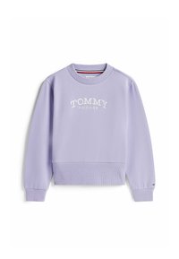 Lawendowy sweatshirt z ściągaczami przy mankietach i u dołu. Z przodu haftowane logo "TOMMY HILFIGER". Miękki, lekki materiał.