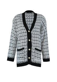 Schwarz-weiß gemusterte Strickjacke mit V-Ausschnitt, langen Ärmeln, zwei Fronttaschen und goldfarbenen Knöpfen in der Mitte. Strukturierter Strickstoff.