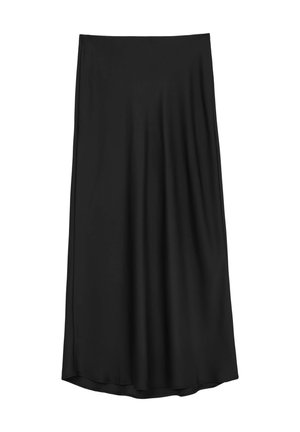 Black, knee-length skirt made of smooth, flowing fabric with an elastic waistband and a slight A-line shape. No visible patterns or accents.