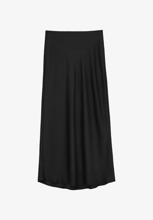 Black, knee-length skirt made of smooth, flowing fabric with an elastic waistband and a slight A-line shape. No visible patterns or accents.