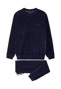 Granatowy zestaw z dzianiny sztruksowej do noszenia w domu, składający się z długiego rękawa i bluzy z okrągłym dekoltem oraz spodni z elastycznym pasem i ściągaczami u dołu. Subtelne logo.