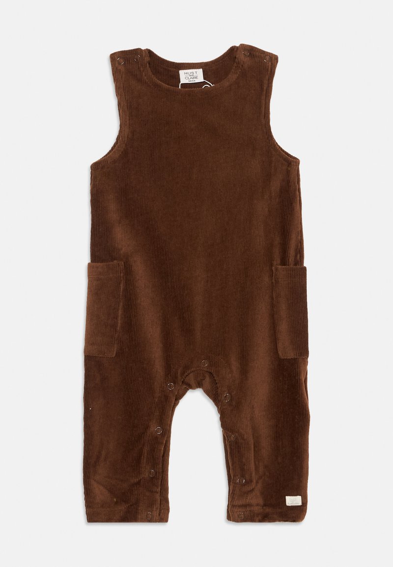 Brown corduroy jumpsuit featuring shoulder snaps, two side pockets, and bottom snap closures for easy dressing. Soft texture with vertical lines.