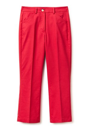 Leuchtend rote gerade Hose mit Fronttaschen, Gürtelschlaufen und einem einzelnen Knopfverschluss an der Taille.