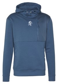 Felpa blu con tasca a marsupio, cappuccio con cordino e tasca sul petto con zip. Presenta un pannello in tessuto a contrasto e dettagli del logo.