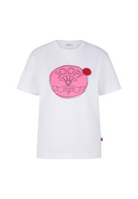 Weißes Baumwoll-T-Shirt mit einem großen rosa runden Logo und dem Schriftzug "JOOP! JEANS". Kurze Ärmel und gerader Schnitt. Rotes Etikett an der Seite.