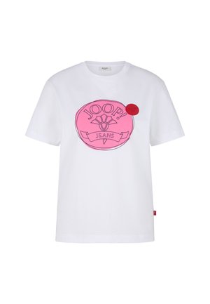 White cotton T-shirt featuring a large pink round logo with "JOOP! JEANS" text. Short sleeves and a straight fit. Red tag on the side.