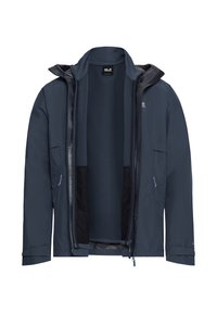 Marineblaue wasserdichte Jacke mit durchgehendem Reißverschluss, innen mit Mesh-Futter, verstellbaren Bündchen und Kapuze, die ein praktisches, mehrlagiges Design zeigt.