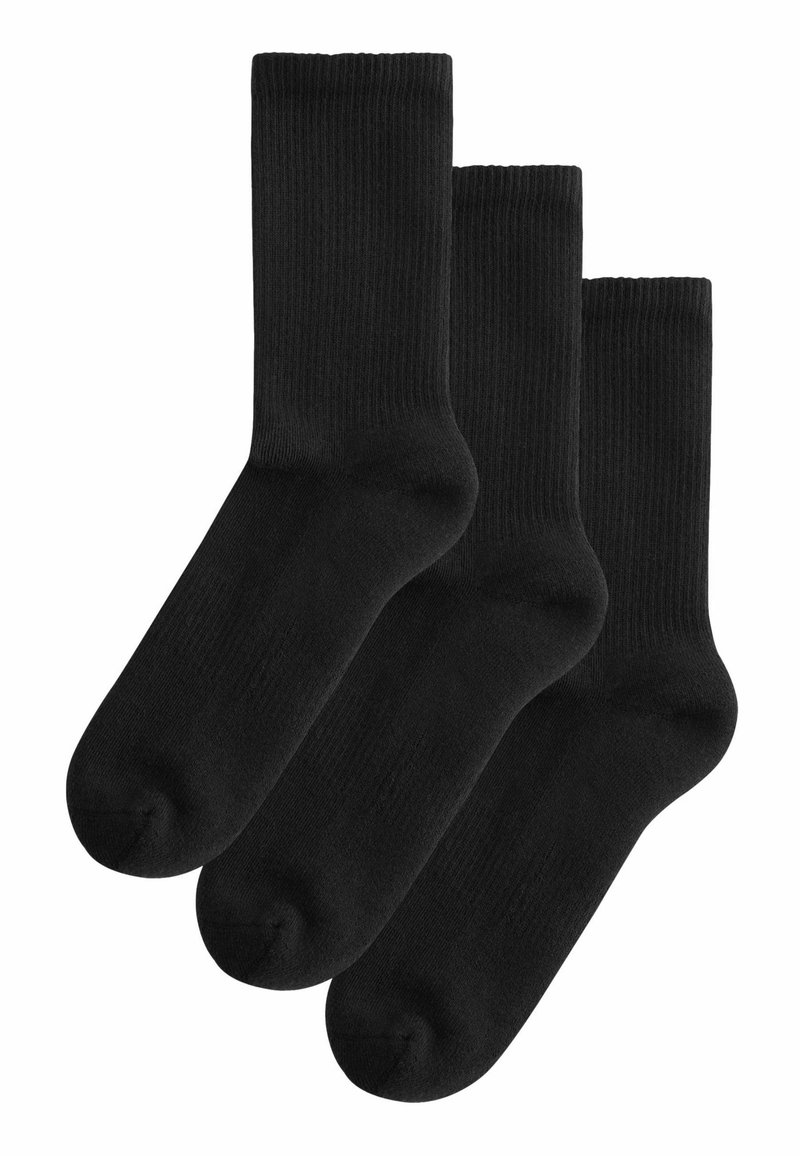 Drei Paar schwarze gerippte Socken mit verstärkter Spitze und glatter Textur, die ein Design in Knöchellänge aufweisen.