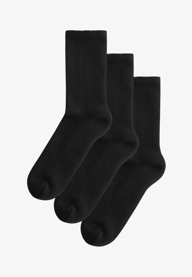 Kolme paari musti ribaga sokke, tugevdatud varbakaelaga ja siledast tekstuurist, keskmise sääre pikkusega disainiga.