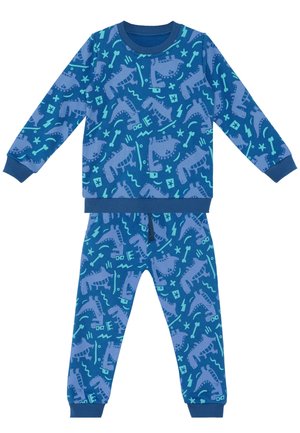 Haut à manches longues bleu et pantalon avec motifs de dinosaures et d'os violets, avec poignets et encolure bleu marine.