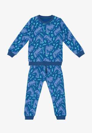 Blaues Langarmshirt und Hose mit lila Dinosaurier- und Knochenmustern sowie dunkelblauen Bündchen und Ausschnitt.