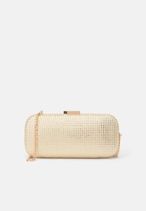 Koboltisk gull clutch-veske med teksturert overflate, med en sylinderformet design, lenkestropp og lås.
