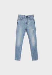 Light blue denim jeans with a slim fit, featuring fading and two distressed areas. Standard five-pocket design and a button fly closure.