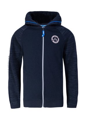 Námořnicky modrá mikina na zip s texturovanými rukávy, postranními kapsami, modrým jezdcem zipu a kulatým logem na levé straně hrudi.