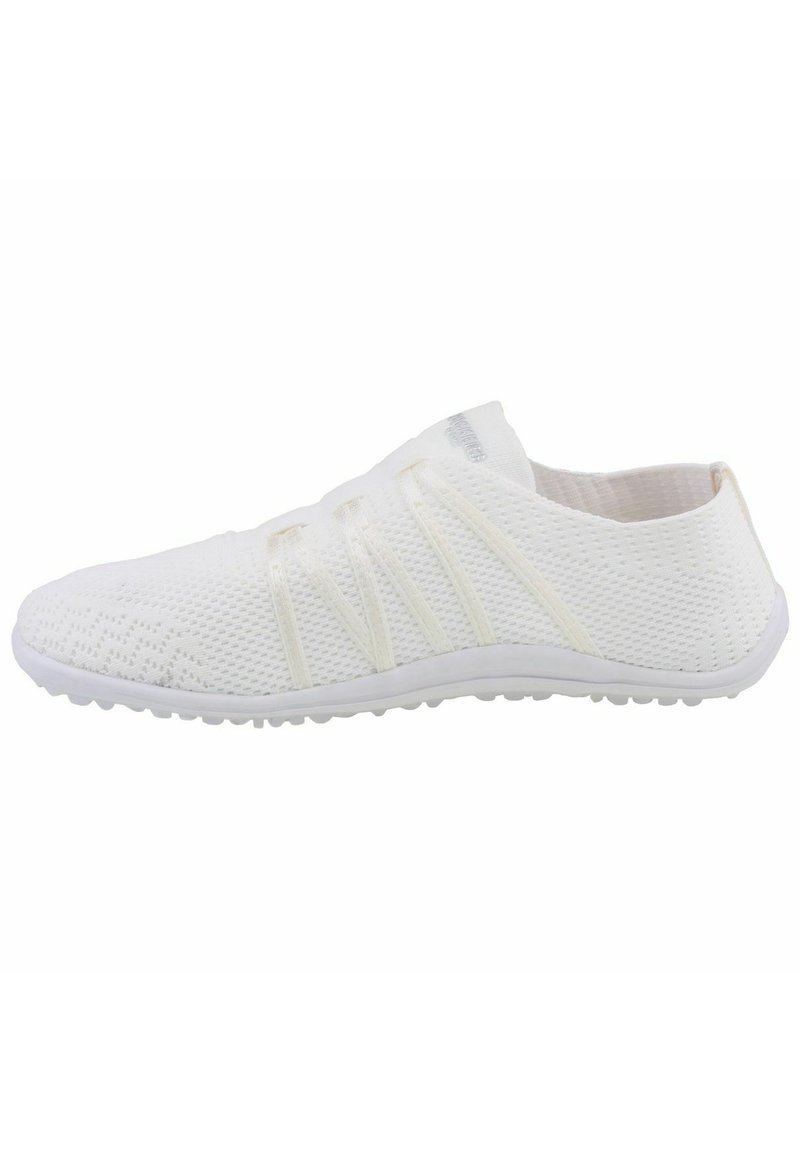 White athletic shoe with a mesh upper, featuring elastic bands for support, a textured sole, and a minimalist design without a tongue.