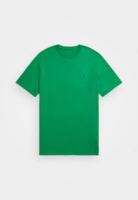 Green cotton t-shirt with a classic crew neckline and short sleeves, featuring a small blue logo on the left chest.