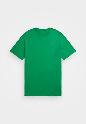 Green cotton t-shirt with a classic crew neckline and short sleeves, featuring a small blue logo on the left chest.