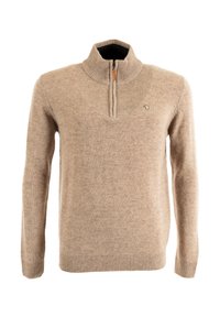 Pull beige avec col zippé mi-long, poignets et ourlet côtelés, fabriqué en matériau doux, avec un petit logo brodé sur la poitrine.