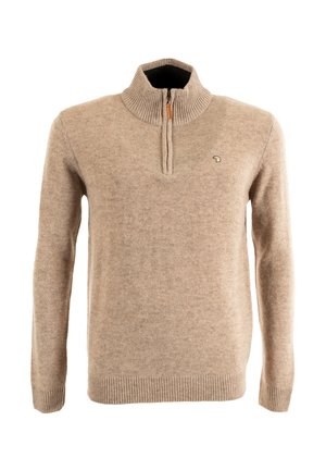Pull beige avec col zippé mi-long, poignets et ourlet côtelés, fabriqué en matériau doux, avec un petit logo brodé sur la poitrine.