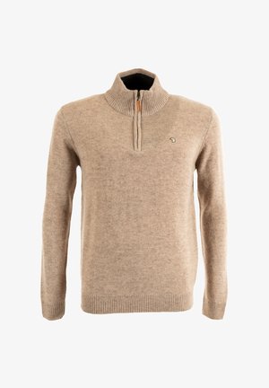 Pull beige avec col zippé mi-long, poignets et ourlet côtelés, fabriqué en matériau doux, avec un petit logo brodé sur la poitrine.