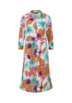 Langärmliges Hemdkleid mit Knopfleiste und Kragen, verziert mit einem bunten Blumen- und Leopardenmuster in Türkis-, Pink-, Orange- und Beigetönen.