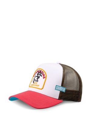 Rode en witte truckerpet met gaaszijden; heeft een geborduurd patch met de tekst "SUMMERTIME" en "THE LIVIN'S EASY." Blauwe accent op de klep.