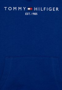 Blå huvtröja med framficka, där "TOMMY HILFIGER" är broderat i vitt och en flagglogotyp finns ovanför texten. Tillverkad av mjukt tyg.