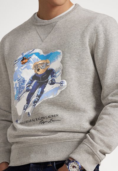 Siva majica s kapuco z grafiko medveda, ki smuča, ob modrem in belem gorskem ozadju ter podrobnostmi, kot so logotip na dnu.